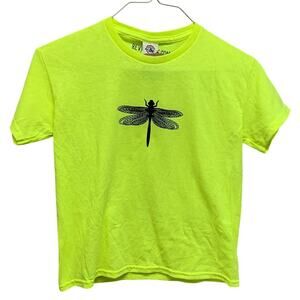 Hand Printed Upcycled Kids Medium Dragonfly Neon Yellow Short Sleeve Tee Shirt